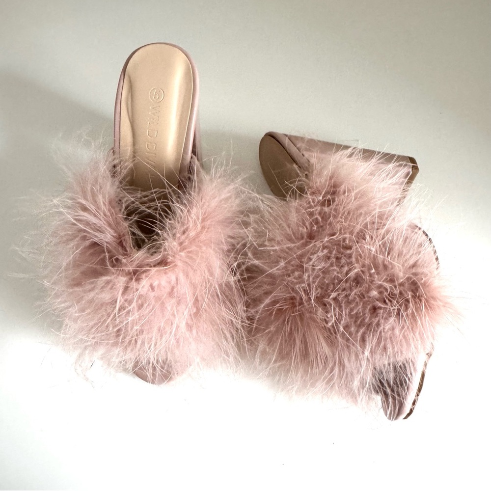 Wild Diva Blush Pink Feathered Slip On Heeled Mules size 5 - Picture 2 of 15